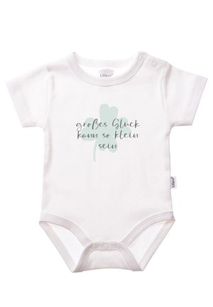 Weißes Babybodysuit mit kurzen Ärmeln aus weicher Baumwolle, mit einem grünen Kleeblatt-Graphic und dem Text "großes Glück kann so klein sein."