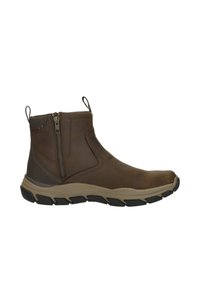Stivaletto marrone con cerniera laterale, linguette per la presa, suola beige imbottita e battistrada nero, progettato per l'uso casual o all'aperto.