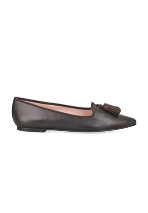 Dark brown leather flat shoe with pointed toe and tassel detail on top, low heel, and light pink interior lining.
