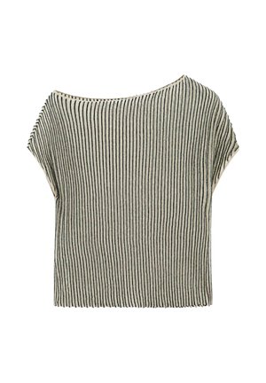 Short, striped short-sleeve top with an off-shoulder design in neutral colors, showcasing a relaxed, casual style.