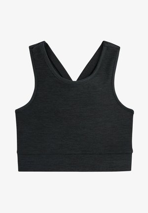 Czarny stanik sportowy o skróconym kroju, wykonany z miękkiego materiału, z plecami w kształcie litery V i gładką teksturą.