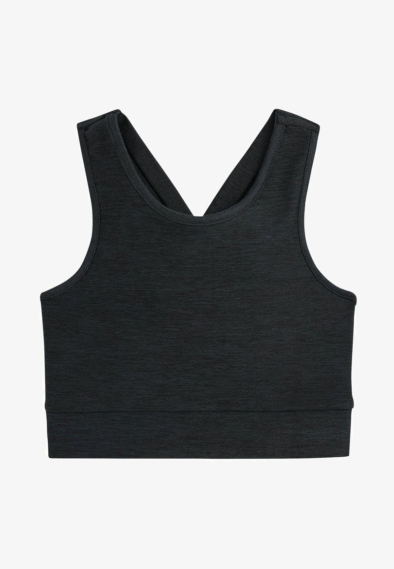 Zwarte sportbeha met een cropped ontwerp, gemaakt van zacht materiaal, met een V-vormige rugband en een zachte textuur.