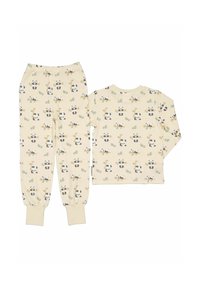Vauvan vaaleanbeige pyjamat, joissa on pitkät hihat ja housut, ja joissa on toistuva leikkisä pandakuva ja bambutulostus.
