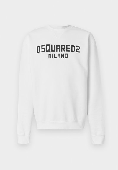 Λευκό φούτερ με στρογγυλή λαιμόκοψη, με έντονη μαύρη επιγραφή "DSQUARED2 MILANO" στο μπροστινό μέρος. Λείο ύφασμα και ριμπ τελείωμα στα μανίκια.