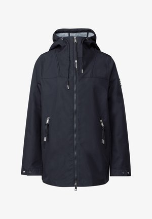 Marineblaue wasserdichte Jacke mit Kapuze, Reißverschluss vorne und zwei seitlichen Reißverschlusstaschen. Hergestellt aus glattem, strapazierfähigem Stoff mit verstellbaren Kordeln.