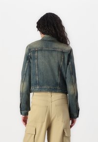 Giacca di denim con una finitura blu sbiadita, lunghezza cropped e colletto classico. Ha dettagli cuciti e polsini con bottoni.