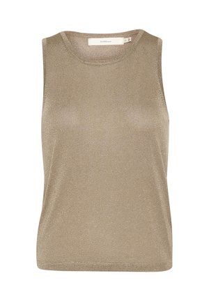 Mouwloze top van metallic brons stof, met een ronde halslijn en een gladde textuur. Eenvoudig ontwerp zonder patronen of versieringen.