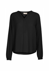 Svart blus med långa ärmar, V-ringning, mandarin-krage, elastiska manschetter och subtilt texturerad tyg, visad mot en vit bakgrund.