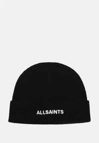 Schwarze gestrickte Mütze mit geripptem Muster und umgeschlagenem Bündchen. Auf der Vorderseite befindet sich der weiße, gestickte Text "ALLSAINTS".