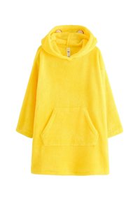 Giacca a cappuccio in morbido tessuto giallo brillante con tasca frontale a marsupio e piccole orecchie simili a quelle di un animale sul cappuccio, esposta su uno sfondo bianco.