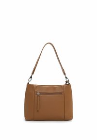 Brązowa skórzana torebka o teksturowanej powierzchni, z pojedynczym paskiem na ramię i przednią kieszenią na zamek. Wyposażona w srebrne okucia.