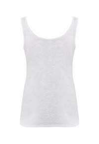 Top bianco senza maniche con scollo a barca, realizzato in un tessuto leggero e testurizzato. Presenta spalline sottili e un orlo dritto.