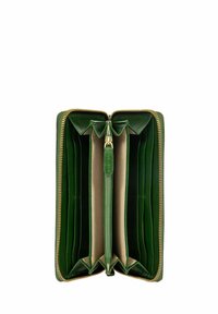Portefeuille en cuir vert avec fermeture éclair, plusieurs emplacements pour cartes et compartiment central. Intérieur texturé, fermeture éclair dorée.