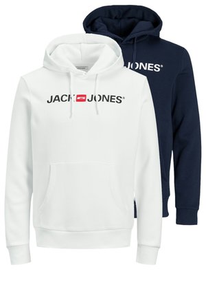 Dwie bluzy z kapturem, jedna biała, druga granatowa, obie z przednimi kieszeniami typu kangurka i logo "JACK & JONES" na piersi.
