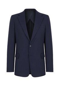 Granatowa marynarka z fakturowanej tkaniny, z klapami o wycięciu, jednym guzikiem i dwoma przednimi kieszeniami. Charakteryzuje się slim fit.