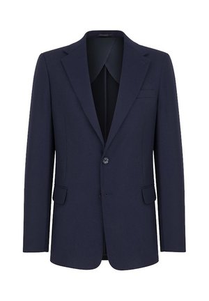 Granatowa marynarka z fakturowanej tkaniny, z klapami o wycięciu, jednym guzikiem i dwoma przednimi kieszeniami. Charakteryzuje się slim fit.