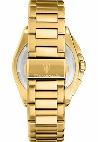 Guldmetall armbandsur med lås graverad med Maserati-logotyp och text, fäst vid urkapseln med synlig krona och sidoknappar.