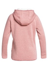 Vue arrière d'une veste à capuche rose à manches longues avec tissu à texture douce et doublure en polaire blanche à l'intérieur de la capuche.