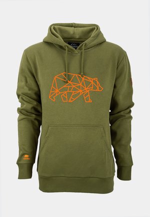 Olivgrüner Hoodie mit einem großen orangefarbenen geometrischen Bären-Graphic, Kängurutasche, gerippten Bündchen und Saum. Weicher Stoff mit angenehmer Haptik, lässiges Design.