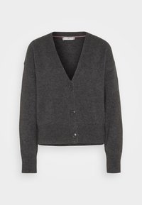 Cardigan grigio scuro realizzato in materiale morbido, con scollatura a V profonda, cinque bottoni e polsini e orlo a costine per un look aderente.