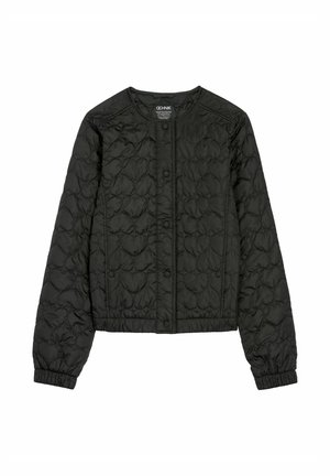 Czarna pikowana kurtka z okrągłym dekoltem, zatrzaskami i elastycznymi mankietami. Charakteryzuje się teksturowanym wzorem i krótkim krojem.