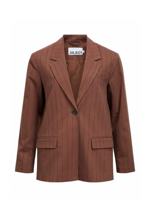 Blazer marron à rayures avec un seul bouton noir, revers crantés, deux poches plaquées à l'avant et doublure intérieure.