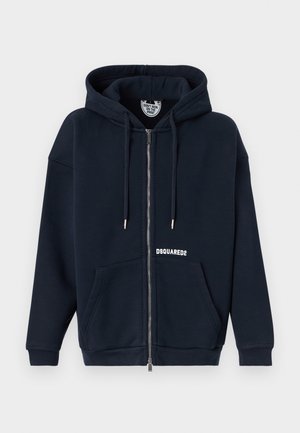 Mørkeblå hættetrøje med lynlås, snoretræk, forlommer og hvidt "DSQUARED2"-logo på venstre lommeområde.