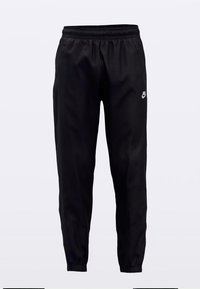 Zwarte Nike trainingsbroek met elastische tailleband, taps toelopende pijpen en zijzakken. Gemaakt van glad, lichtgewicht stof. Voorzien van een klein logo.