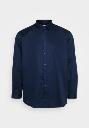 Navy blue button-up shirt made of smooth fabric, featuring a classic collar, long sleeves, and front button placket with matching buttons.