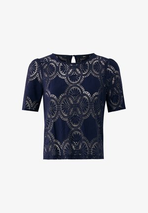 Navyblauw cropped top met korte mouwen, voorzien van een ingewikkeld kantpatroon met bloem- en cirkelmotieven. Detail met sleutelgat aan de achterkant.