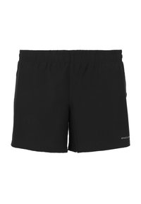 Svarta idrottsshorts i lättviktigt material. De har ett elastiskt midjeband och en logotypdetalj på nedre högra sidan.