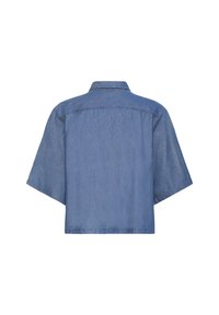 Kurzärmliges blaues Jeanshemd mit Kragen, geradem Schnitt und glatter Textur. Verfügt über doppelt genähte Nähte an Schultern und Saum.