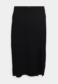 Černá midi sukně z hladkého materiálu, s bočním rozparkem pro snadný pohyb. Jednoduchý silueta s pasem a bez viditelných zapnutí.