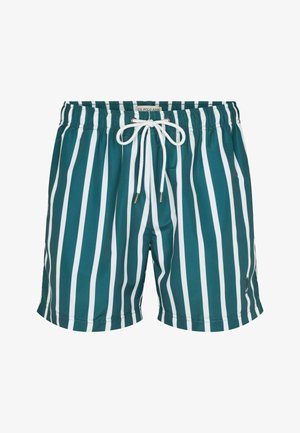 Grün-weiß gestreifte Badeshorts mit elastischem Bund und weißem Kordelzug, U.S. Polo Assn. Etikett in der Mitte des Bunds.