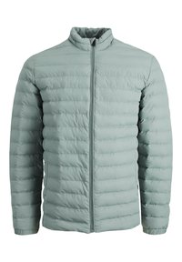 Chaqueta de plumas acolchada en verde claro, con cuello alto, cremallera frontal completa y puños elásticos; presenta paneles cosidos en horizontal a lo largo de toda la prenda.