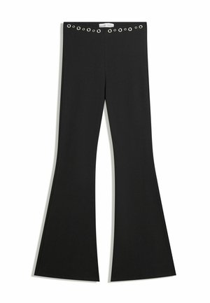 Black high-waisted flared pants with metal eyelet details along the waistband, flat front, and no visible pockets.