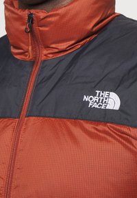 Červená a černá zipová bunda vyrobená z lehkého materiálu. Obsahuje vysoký límec a bílou vyšívanou značku "The North Face". Texturovaný design.