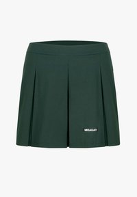 Groene geplooide rok van rekbaar materiaal, met een brede tailleband en een klein merklogo linksonder.