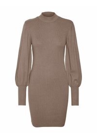 Abito in maglia color marrone chiaro con scollatura alta, maniche lunghe a sbuffo e corpo aderente. Presenta una texture a coste e una silhouette slim fit.
