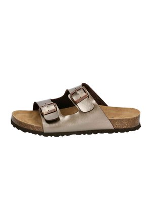 Open-toe sandal with two adjustable metallic bronze straps, cork footbed, and black rubber sole, shown from the side on white background.