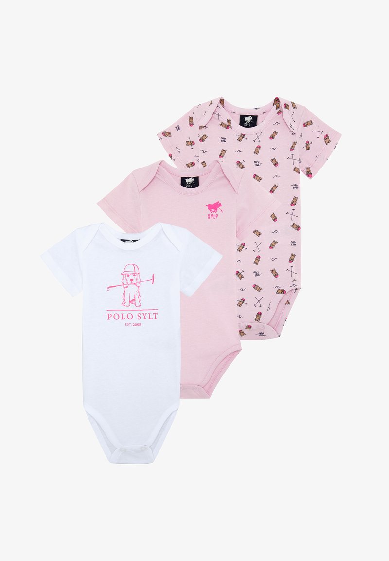 Three baby bodysuits: one white with pink graphic, two pink with patterns featuring small illustrations, short sleeves, soft cotton fabric.