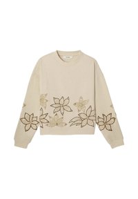 Pull beige à manches longues et coupe courte, présentant des motifs floraux brodés en marron et doré le long du bord inférieur et des manches.