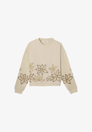 Pull beige à manches longues et coupe courte, présentant des motifs floraux brodés en marron et doré le long du bord inférieur et des manches.