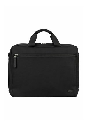 Sacoche d'ordinateur portable rectangulaire noire avec poignées supérieures, poche zippée à l'avant et logo de marque discret dans le coin inférieur droit.