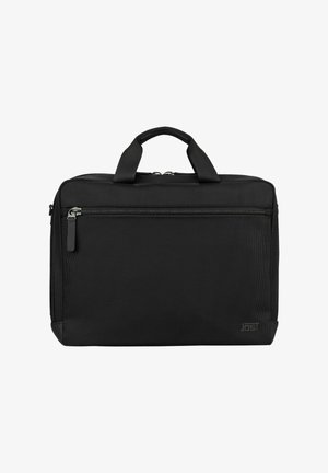 Sacoche d'ordinateur portable rectangulaire noire avec poignées supérieures, poche zippée à l'avant et logo de marque discret dans le coin inférieur droit.