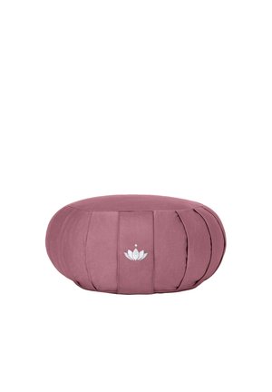 Rundes mauvefarbenes Meditationskissen mit abgesteppten Einsätzen und weißer Lotusblumen-Stickerei vorne in der Mitte.