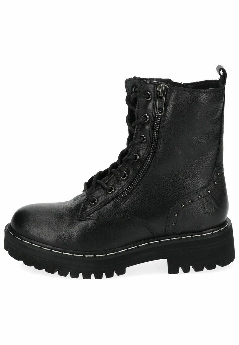 Zwarte leren enkelboot met vetersluiting aan de voorkant en een rits aan de zijkant. Heeft een gestructureerde afwerking, een stevige zool en decoratieve metalen studs aan de zijkant.