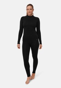 Schwarzes langärmeliges Thermoshirt mit hohem Kragen, kombiniert mit passenden schwarzen Leggings, beide mit glattem, figurbetontem Design und elastischem Stoff.