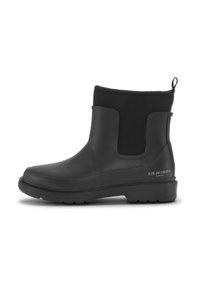 Schwarze Gummistiefelette mit elastischen Seitenteilen, abgerundeter Zehenpartie und strukturiertem Absatz. Mit Markenzeichen an der äußeren Seite und einer Zuglasche.