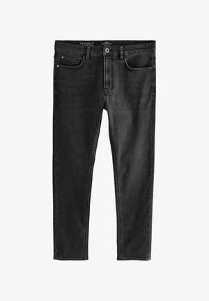 Black denim trousers with a slim fit, featuring a button closure, five pockets, and subtle whiskering details on the fabric.